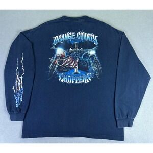 Orange County Choppers Shirt Mens XL Blue Faded Sleeve Flames USA Biker Y2K